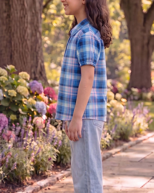 Spark Branded Girls Checkered Shirt  – Blue & Lilac GF-08
