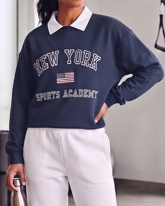 PullNBear Women’s New York Sports Academy Collar Sweatshirt – Navy Blue WSWT-01