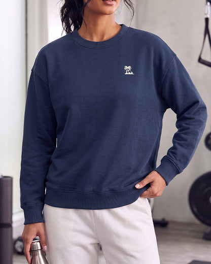 Mangos Branded Women's Tropical Beach Paradise Embroidered Crewneck Sweatshirt – Navy Sp-71