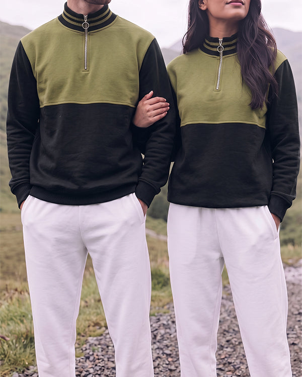 Branded Olive Green & Black Color-Blocked Quarter-Zip Sweatshirt MSWT-02