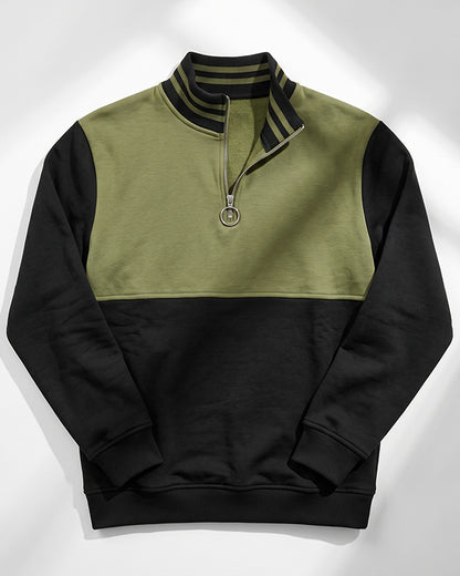 Branded Olive Green & Black Color-Blocked Quarter-Zip Sweatshirt MSWT-02