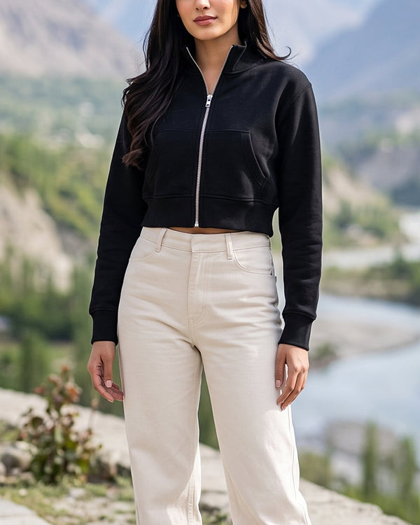 Women’s Black Cropped High-Neck Zip-Up Sweat Jacket WJ-06