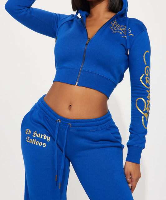 ED HRDY Branded Women's Crop Zipper Hoodie Blue Color HRDH-10