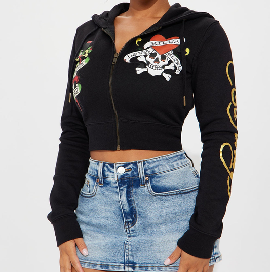 ED HRDY Branded Women's Crop Zipper Hoodie Black Color HRDH-23