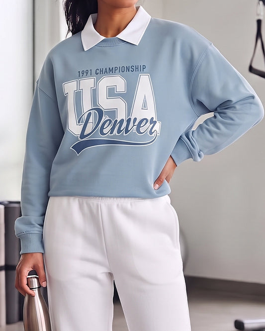 PullNBear Women’s USA Denver Championship Collar Sweatshirt – Sky Blue WSWT-02