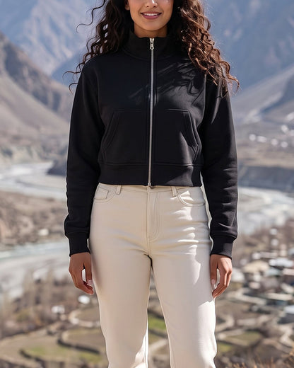 Women’s Black Cropped High-Neck Zip-Up Sweat Jacket WJ-06