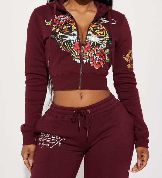 ED HRDY Branded Women's Crop Zipper Hoodie Mehroon Color Color HRDH-08