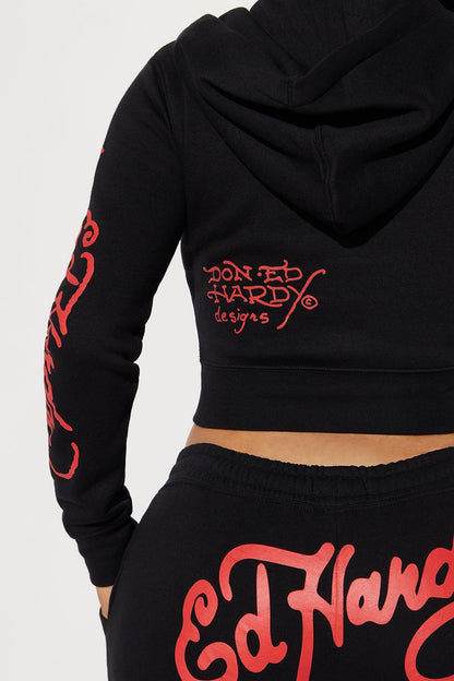 ED HRDY Branded Women's Crop Zipper Hoodie Black Color HRDH-09