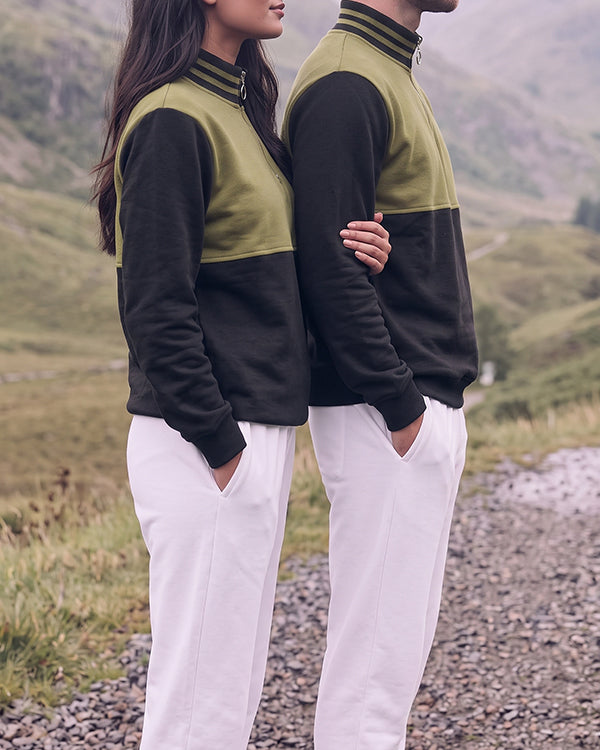 Branded Olive Green & Black Color-Blocked Quarter-Zip Sweatshirt MSWT-02