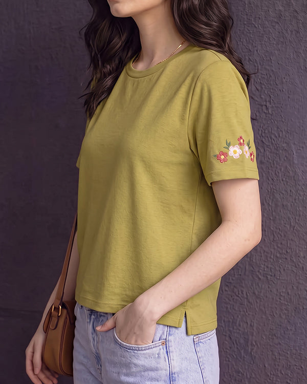 Branded Womens Olive Green Floral Embroidered Casual T-Shirt Sp-25