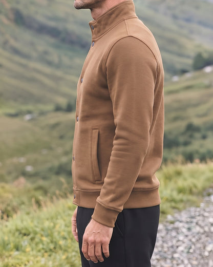 Kennath Col Branded Men's Minimalist Stand-Collar Snap-Button Fleece Jacket - Brown Sp-43