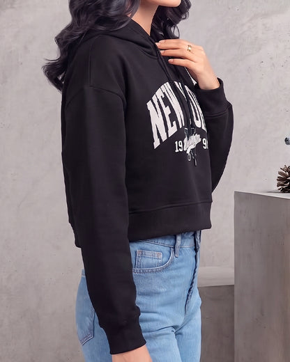 Teranovy Branded Women’s Cropped Fleece Hoodie – New York Black WHD-05
