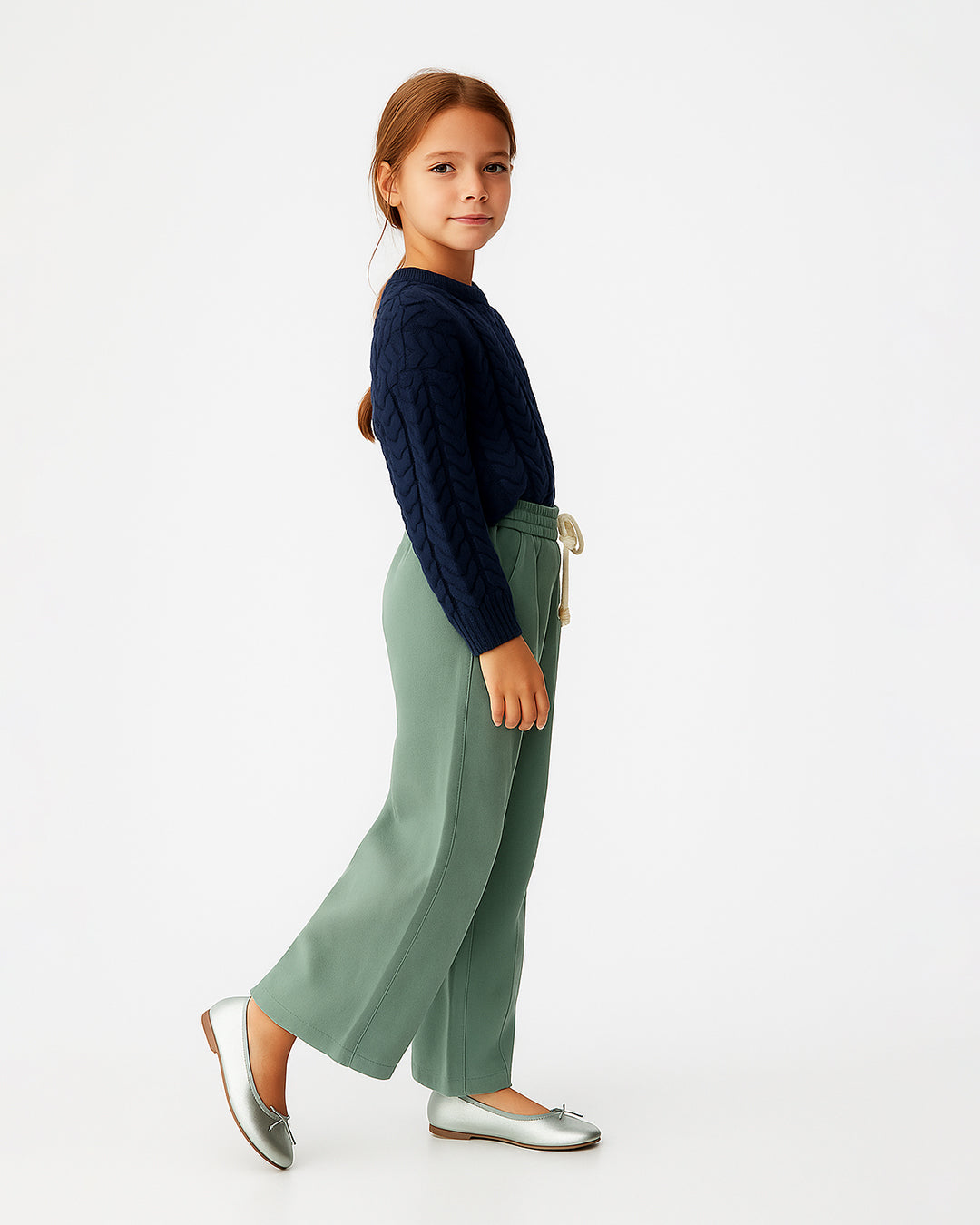 Winters Girls’ Soft Cotton Wide-Leg Drawstring Trousers – Sage Green GT-03