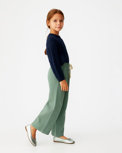 Winters Girls’ Soft Cotton Wide-Leg Drawstring Trousers – Sage Green GT-03