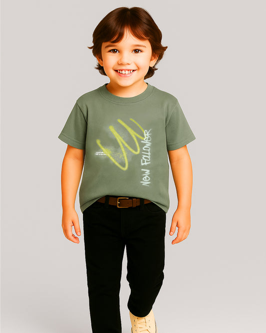 Zarraa Brander Boy's Olive Green “New Follower” Printed T-Shirt BTS-16