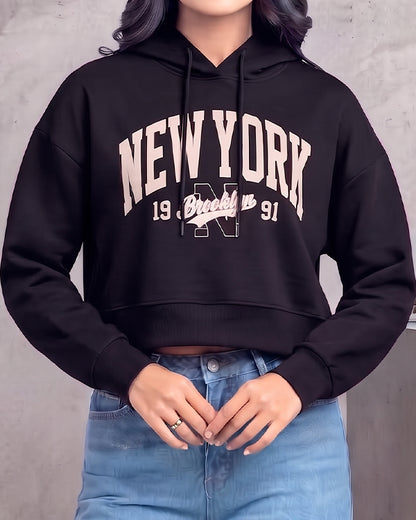 Teranovy Branded Women’s Cropped Fleece Hoodie – New York Black WHD-05