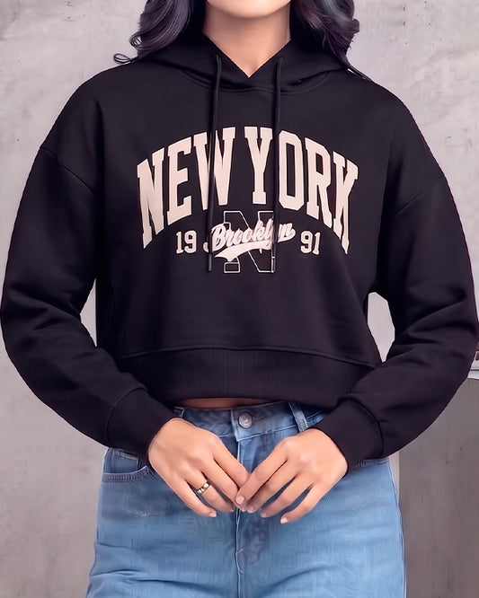 Teranovy Branded Women’s Cropped Fleece Hoodie – New York Black WHD-05