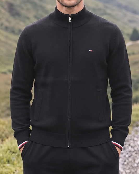 Tomie Hil Branded Charcoal Black Full-Ziper Mock Neck Sp-40