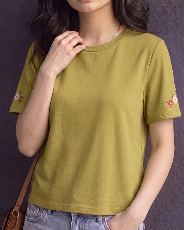 Branded Womens Olive Green Floral Embroidered Casual T-Shirt Sp-25