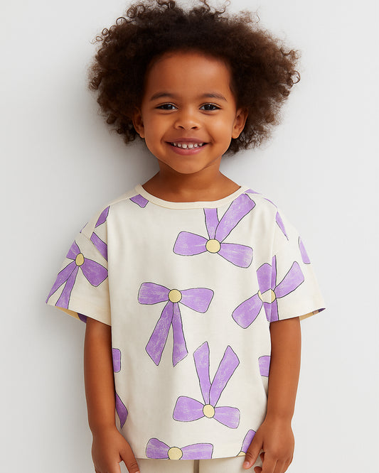 ZARRAA Branded Girl's T-shirt White Color with Purple Bow GTS-05