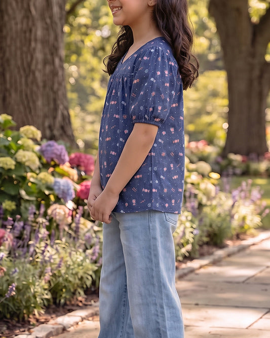 SPARK Branded Kids Printed Puff-Sleeve Fusion Top GF-13