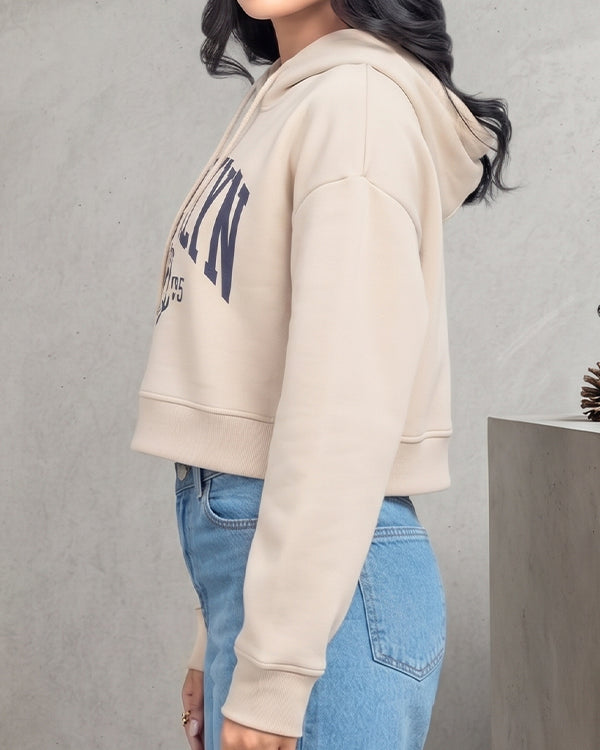 Teranovy Branded Women’s Cropped Fleece Hoodie – Beige WHD-06