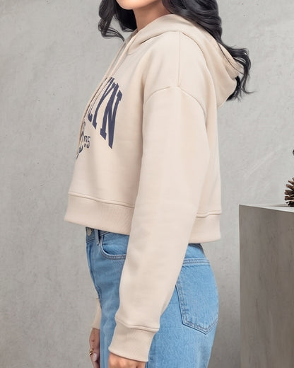 Teranovy Branded Women’s Cropped Fleece Hoodie – Beige WHD-06