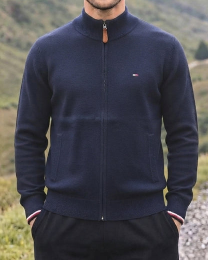 Tomie Hil Branded Navy Blue Full-Ziper Mock Neck Sp-44