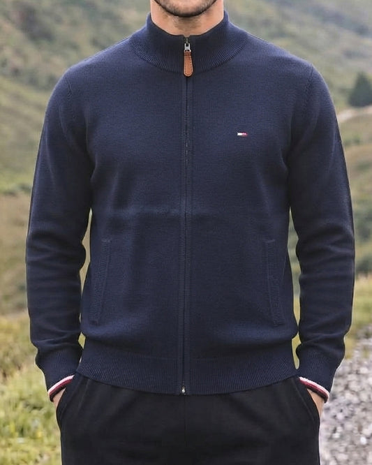 Tomie Hil Branded Navy Blue Full-Ziper Mock Neck Sp-44