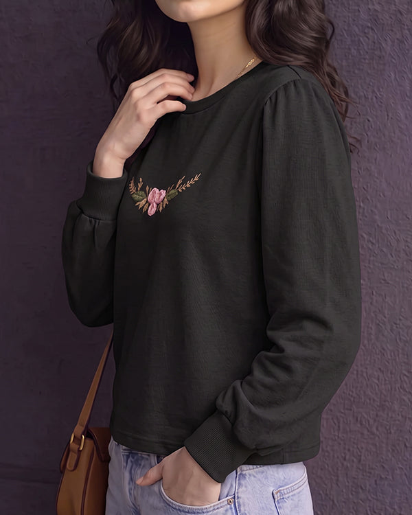 Branded Embroidered Floral Black Sweatshirt Sp-18