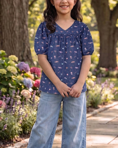 SPARK Branded Kids Printed Puff-Sleeve Fusion Top GF-13