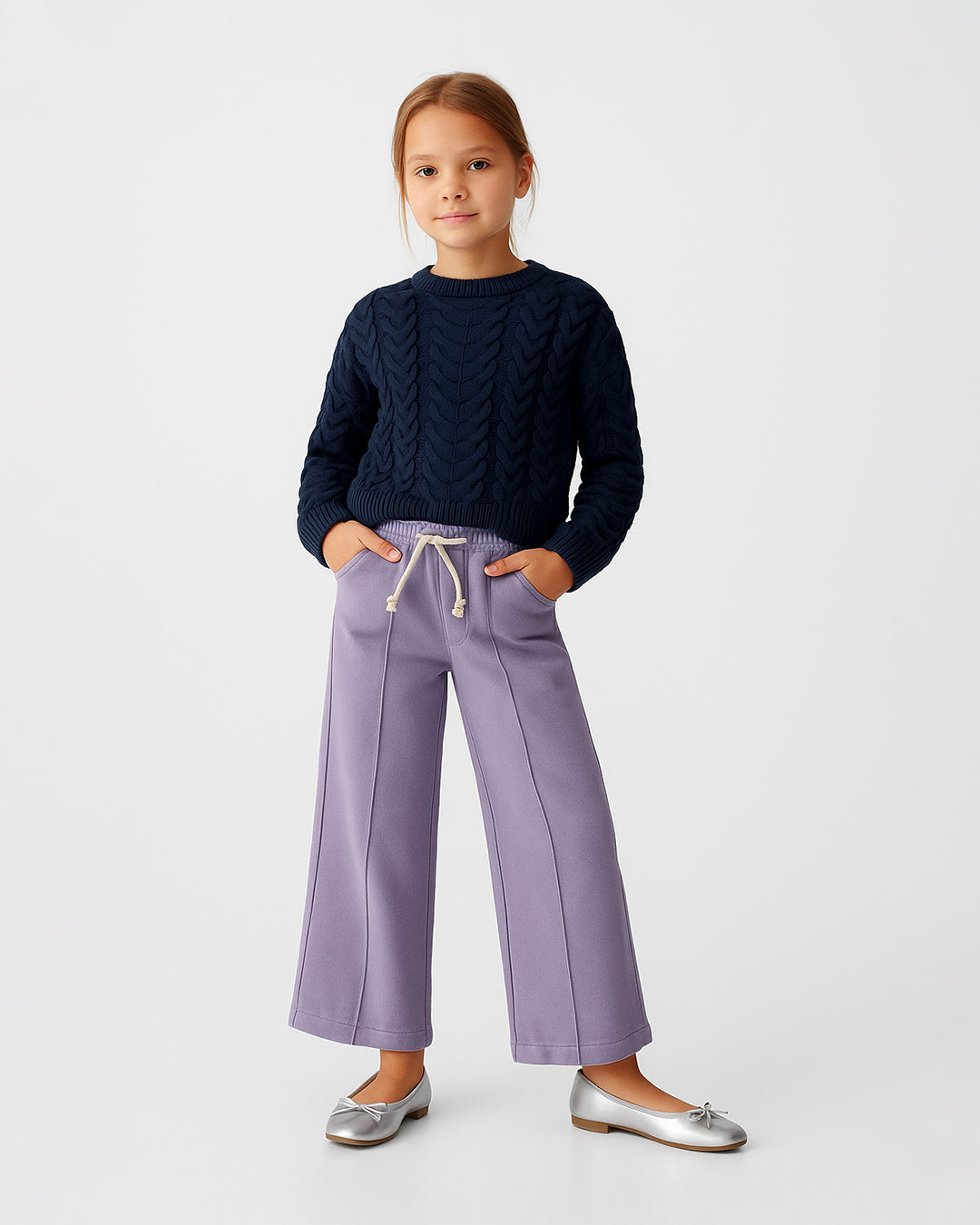 Winters Girls’ Ribbed Cotton Wide-Leg Drawstring Trousers – Lilac GT-06