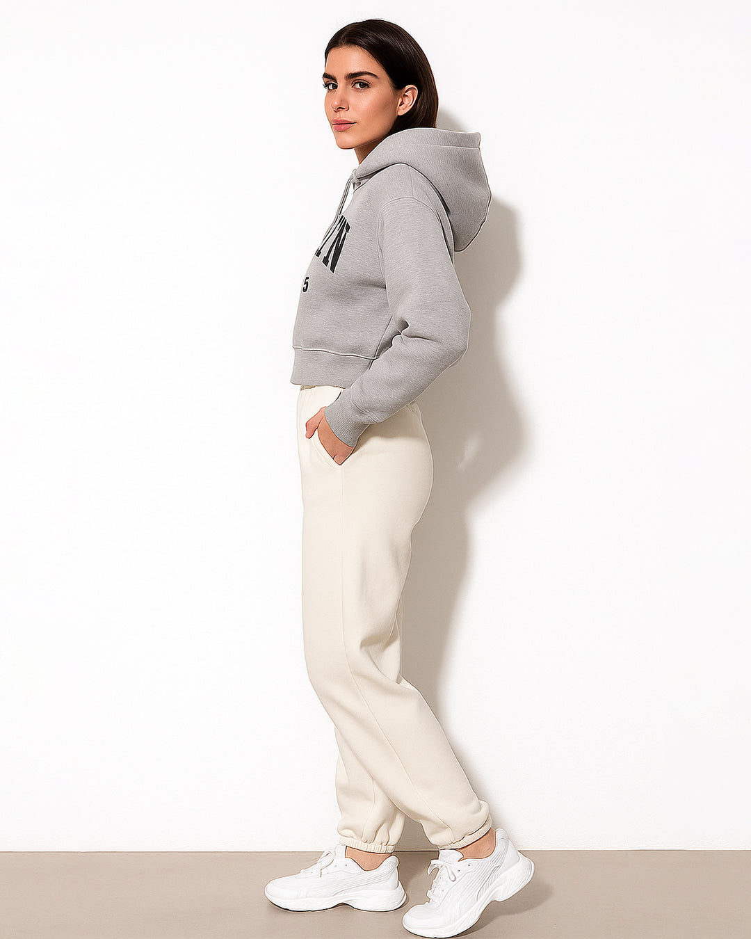 Teranovy Branded Women’s Cropped Hoodie – Light Grey WHD-03