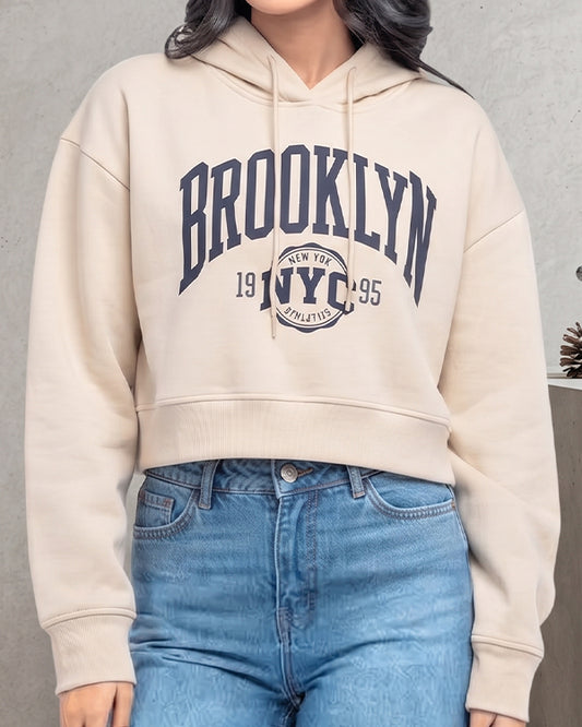 Teranovy Branded Women’s Cropped Fleece Hoodie – Beige WHD-06