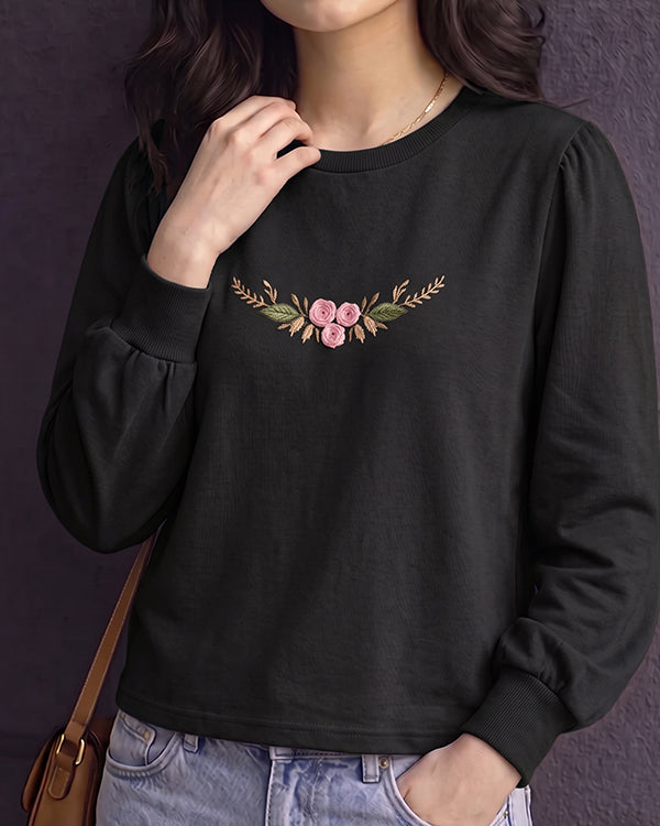 Branded Embroidered Floral Black Sweatshirt Sp-18