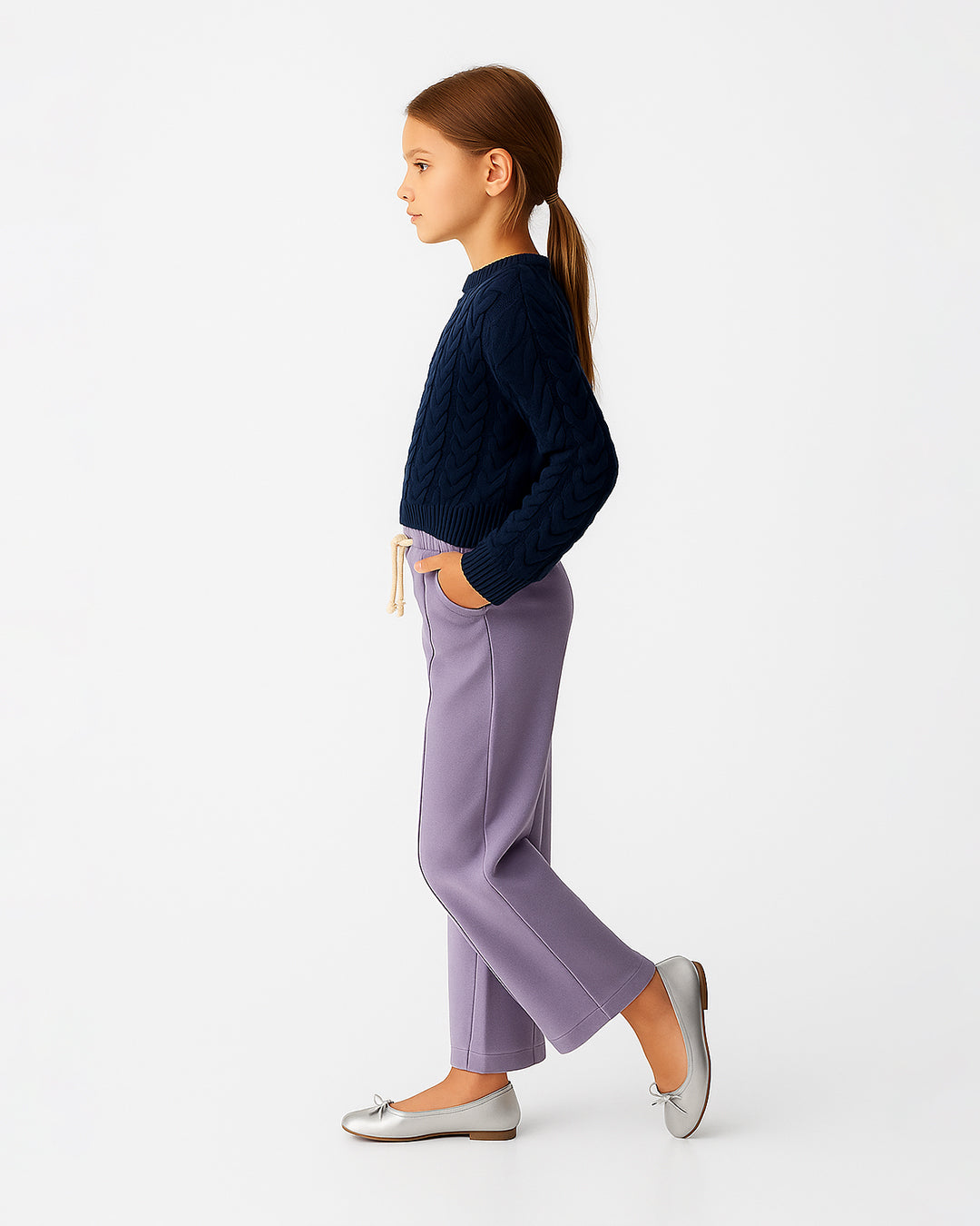 Winters Girls’ Ribbed Cotton Wide-Leg Drawstring Trousers – Lilac GT-06