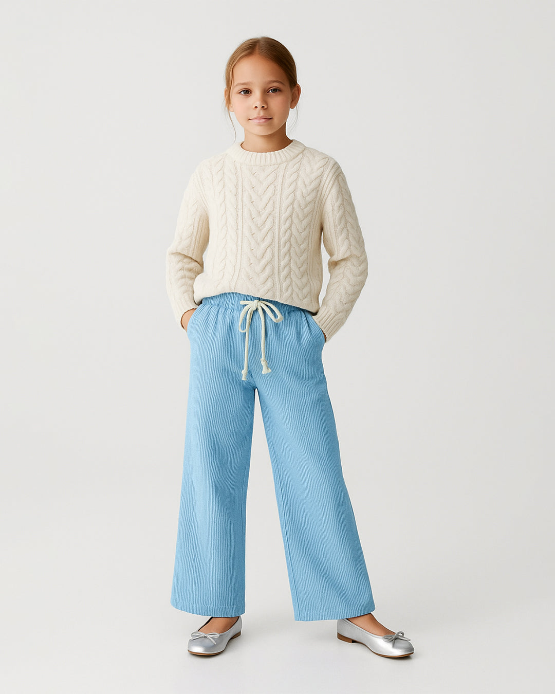 Winters Girls’ Ribbed Cotton Wide-Leg Drawstring Trousers – Sky Blue GT-05