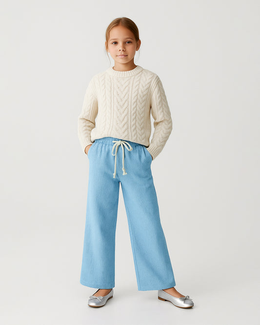 Winters Girls’ Ribbed Cotton Wide-Leg Drawstring Trousers – Sky Blue GT-05