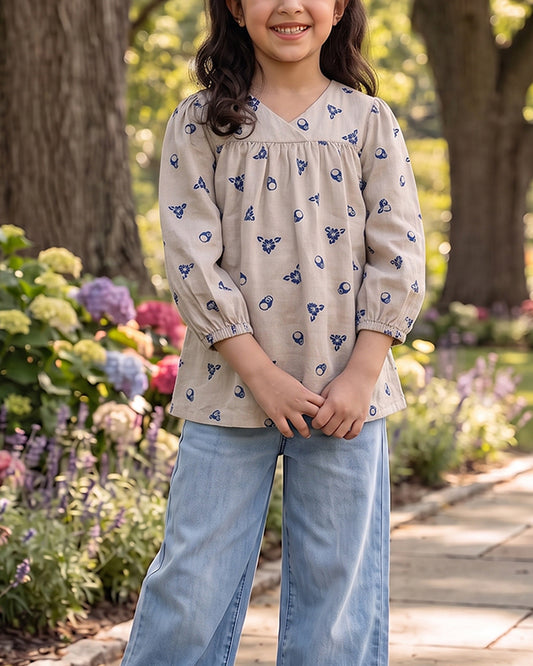 SPARK Branded Kids Printed Puff-Sleeve Fusion Top GF-12