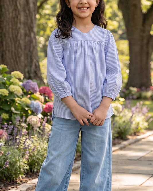 SPARK Branded Kids Pinstripe Puff-Sleeve Fusion Top GF-17