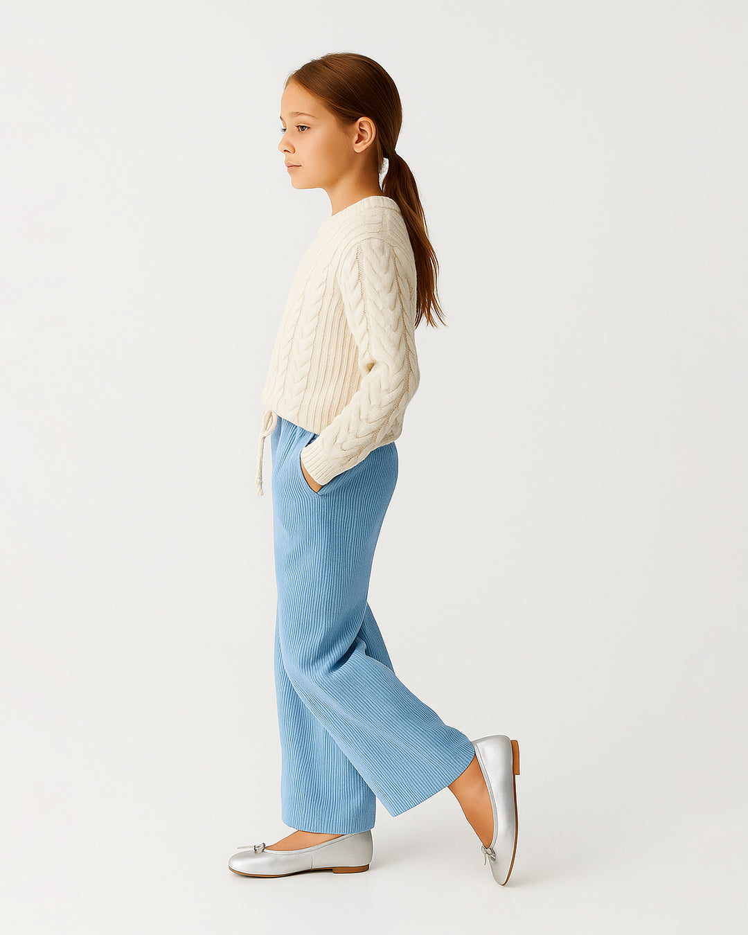 Winters Girls’ Ribbed Cotton Wide-Leg Drawstring Trousers – Sky Blue GT-05