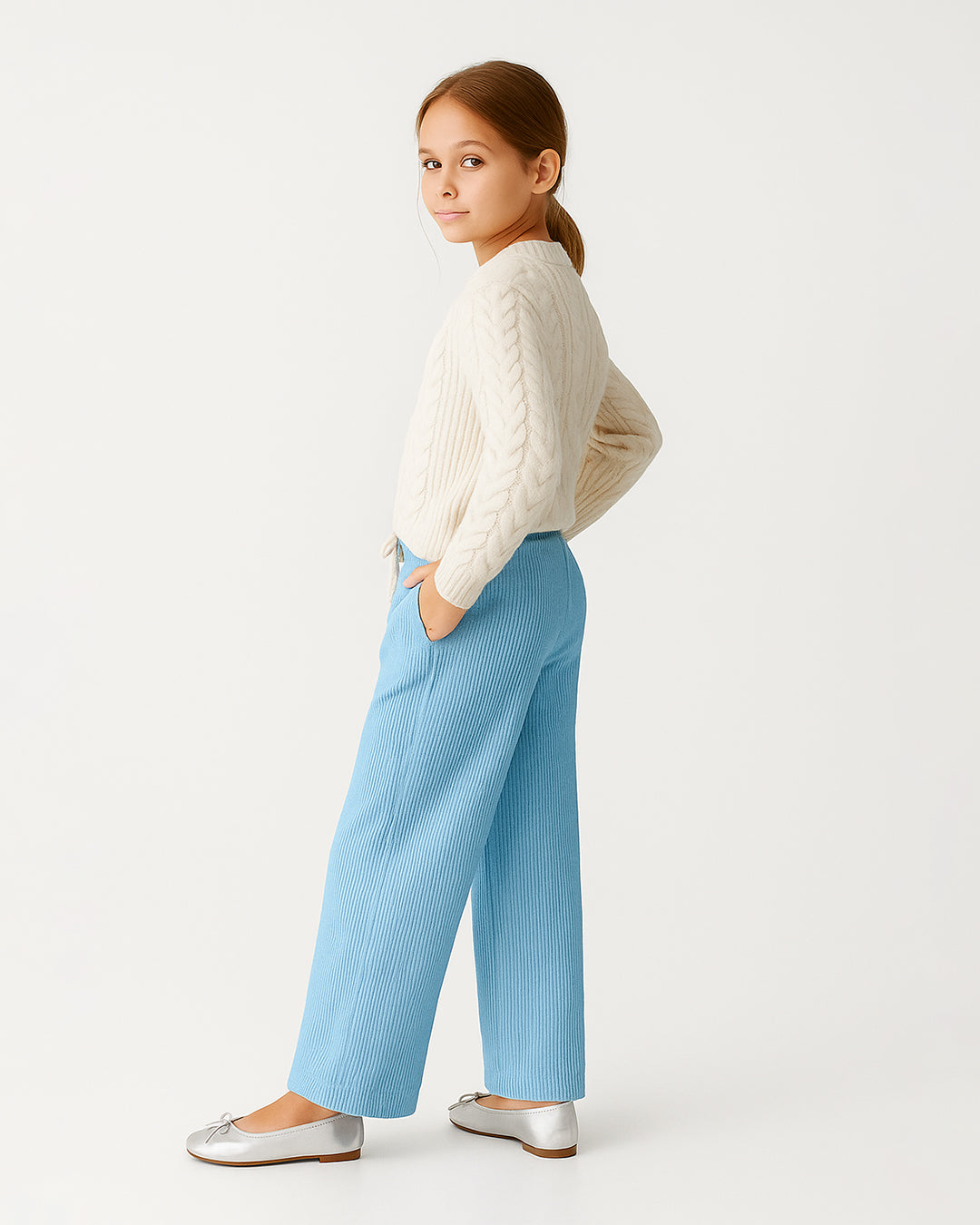 Winters Girls’ Ribbed Cotton Wide-Leg Drawstring Trousers – Sky Blue GT-05