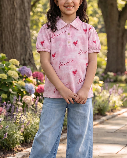 Spark Branded Girls Heart Print Cotton Shirt – Blush Pink GF-04