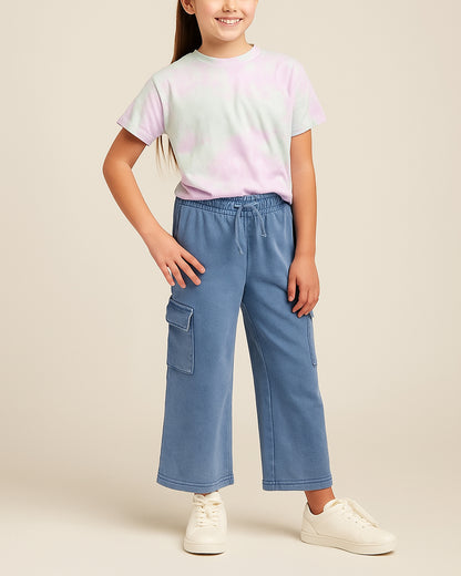 Zarraa Branded Girls Sky Blue Wide-Leg Cargo Trouser GT-01