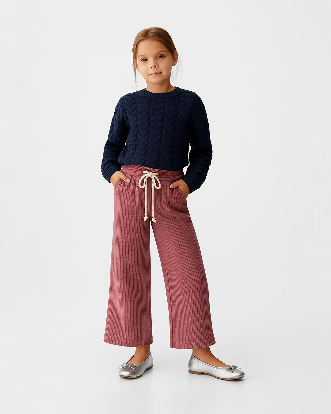 Winters Girls’ Ribbed Cotton Wide-Leg Drawstring Trousers – Dusty Rose GT-04