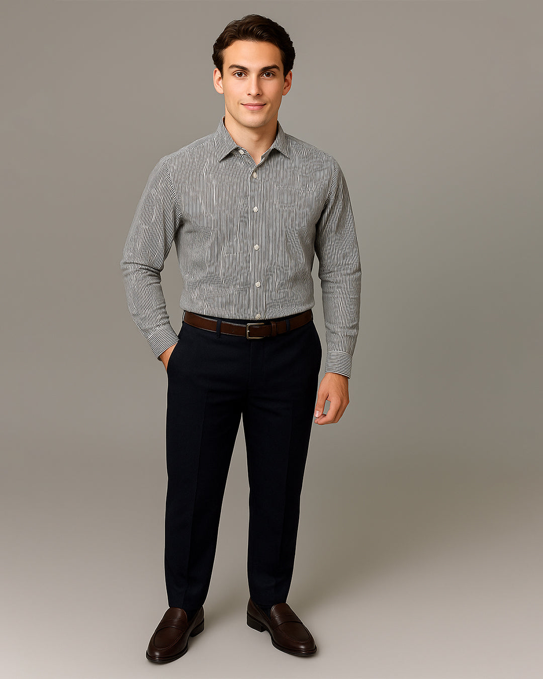 Calvy Klien Branded Men’s Classic Striped Formal Shirt – Navy & White MFS-14