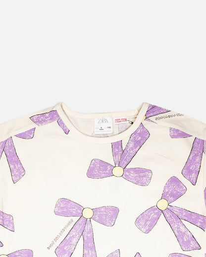 ZARRAA Branded Girl's T-shirt White Color with Purple Bow GTS-05