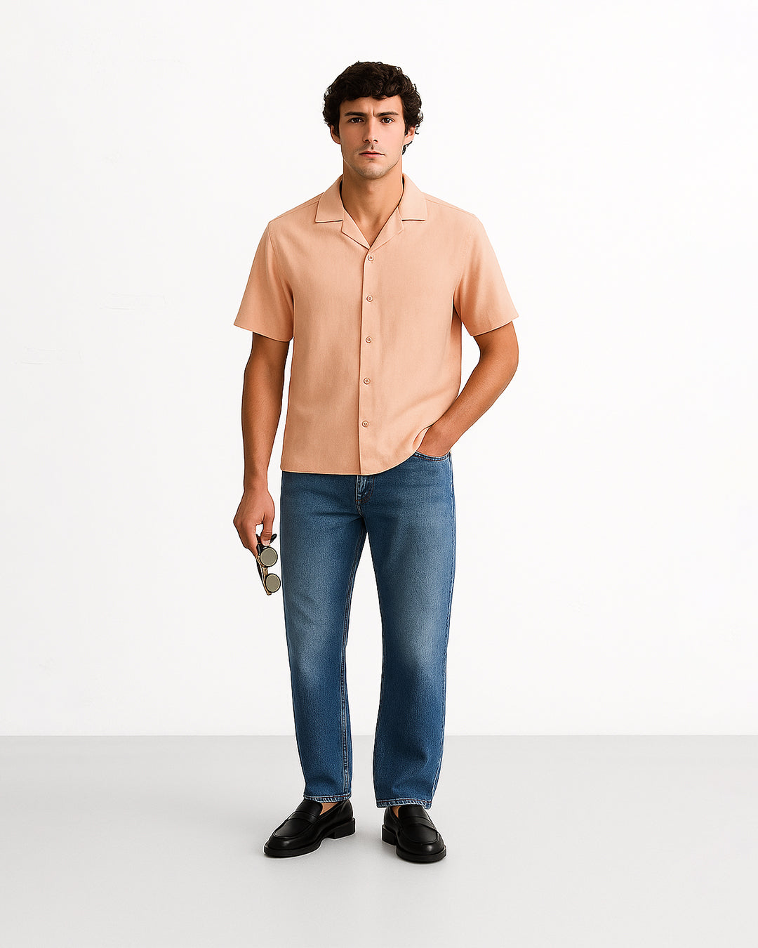 Zelig Branded Men’s Peach Cuban Collar Linen Shirt MCS-20
