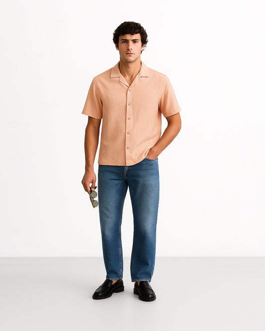 Zelig Branded Men’s Peach Cuban Collar Linen Shirt MCS-20