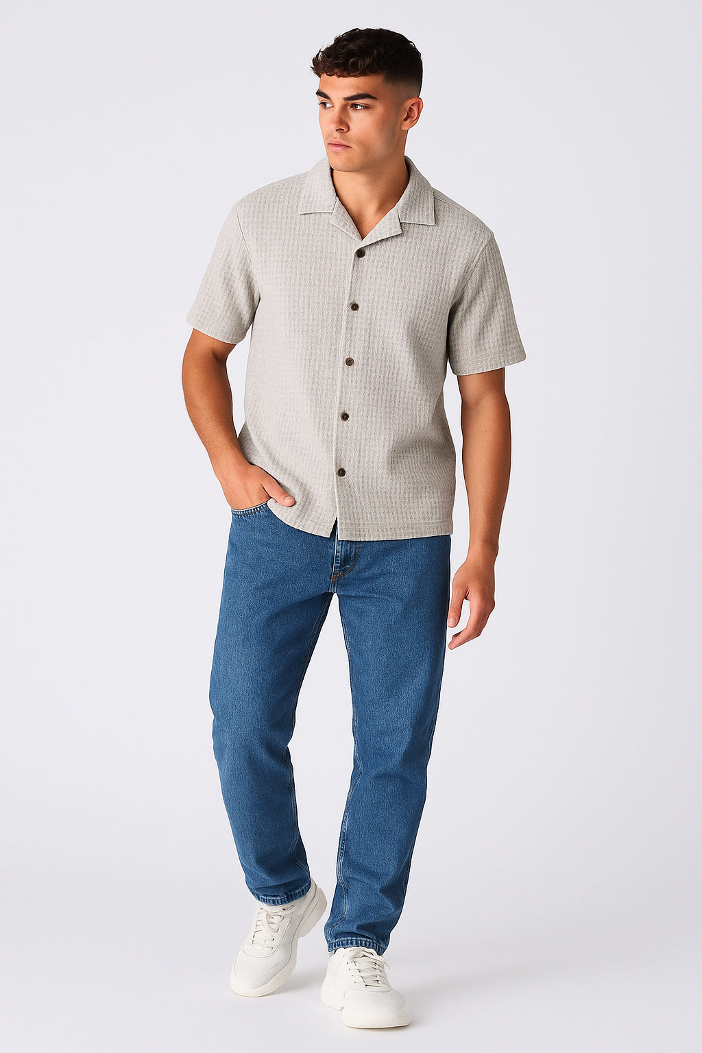 PullNBear Branded Men’s Textured Short Sleeve Button-Down Shirt MCS-24